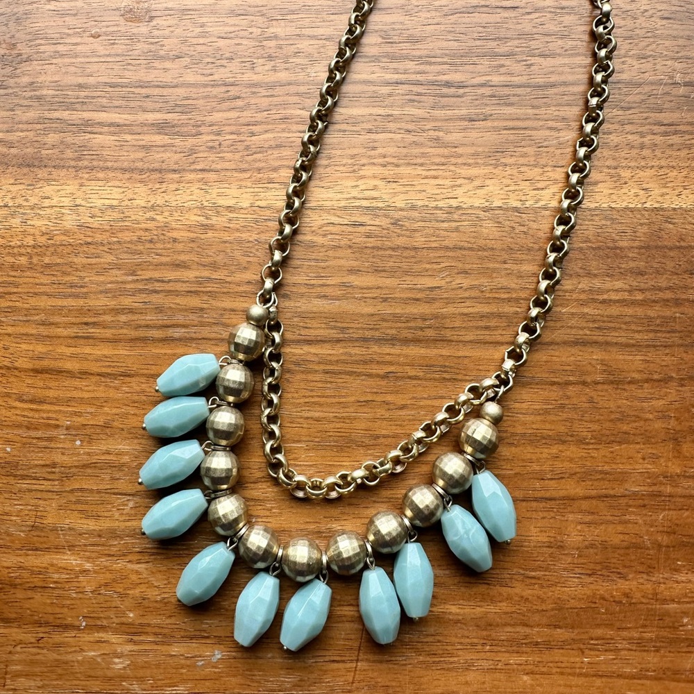 Lia Sophia Cabana Brushed Gold and Aqua Bead Statement Necklace 17-20"